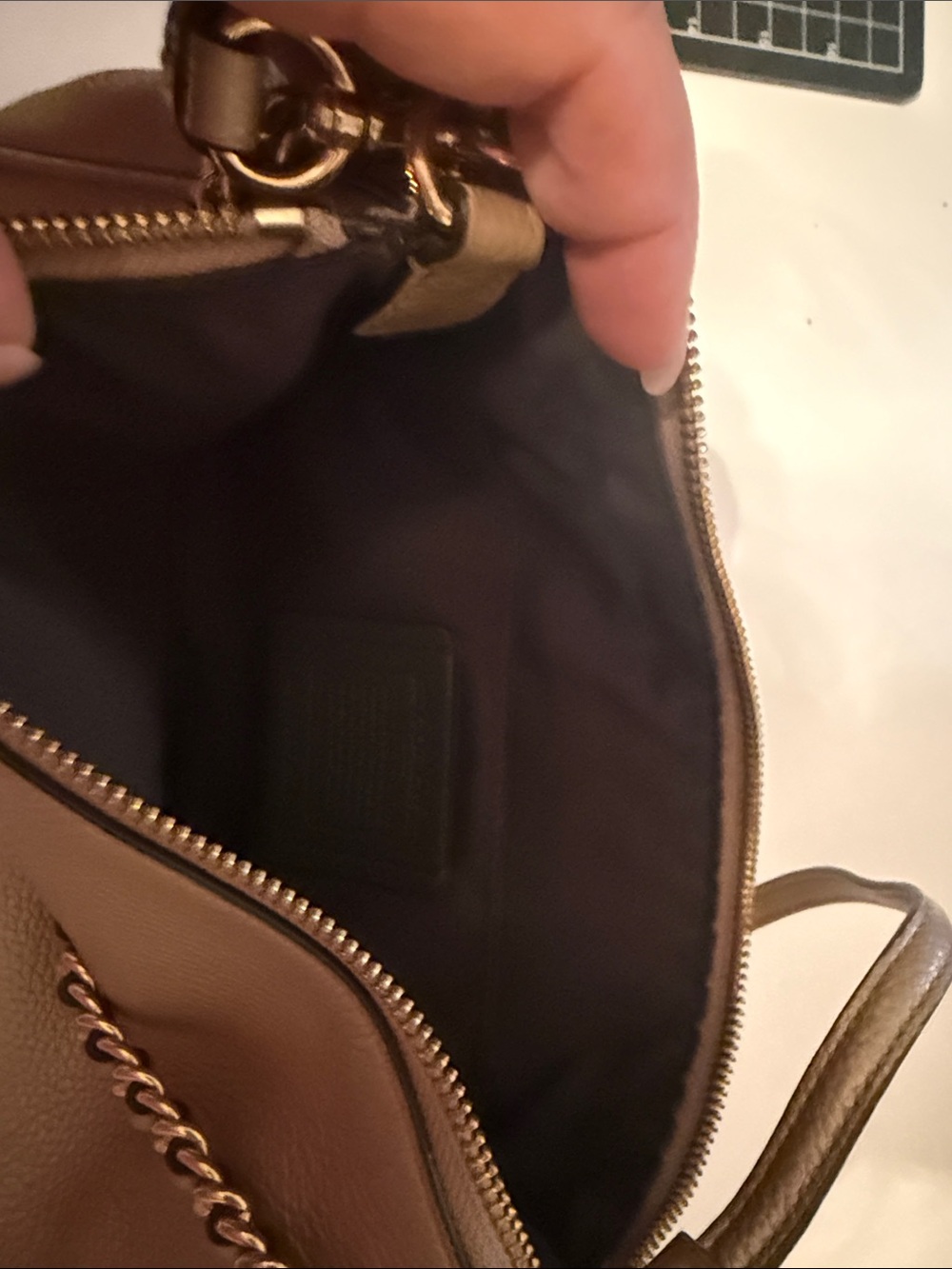 Coach Pebbled Leather Shoulder Bag in Taupe with Gold Chain - Picture 2 of 3